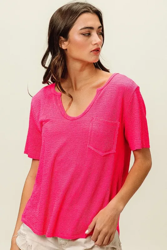 BiBi Waved Rib U Neck Top With Front Pocket sold by Charming Charlie