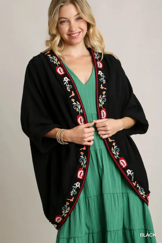 Umgee Embroidery Open Front Kimono with Pleated Shoulder Detail sold by Charming Charlie