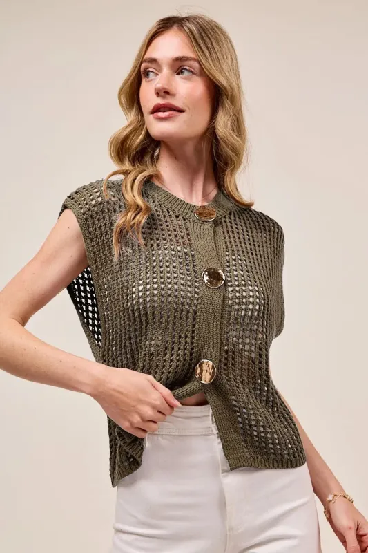SO ME Big Metal Button Front Openwork Sweater Vest sold by Charming Charlie