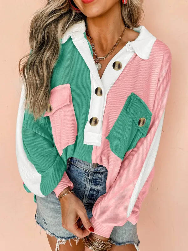 Color Block Button Front Collared Neck Sweatshirt sold by Charming Charlie