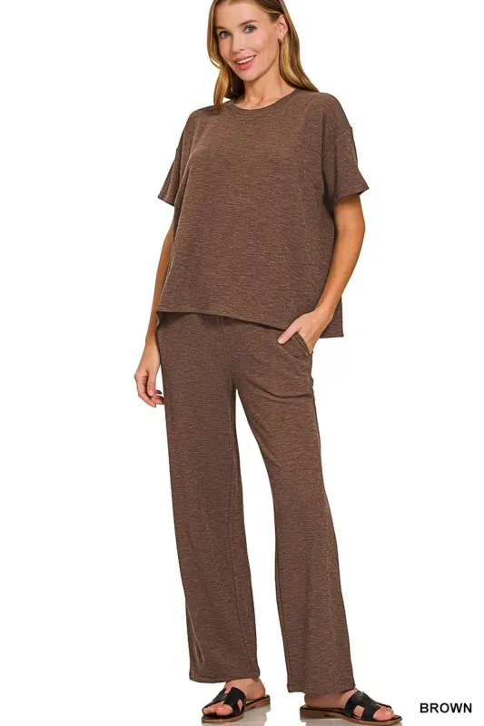 Zenana Slub Short Sleeve T-Shirt and Pants Set sold by Charming Charlie