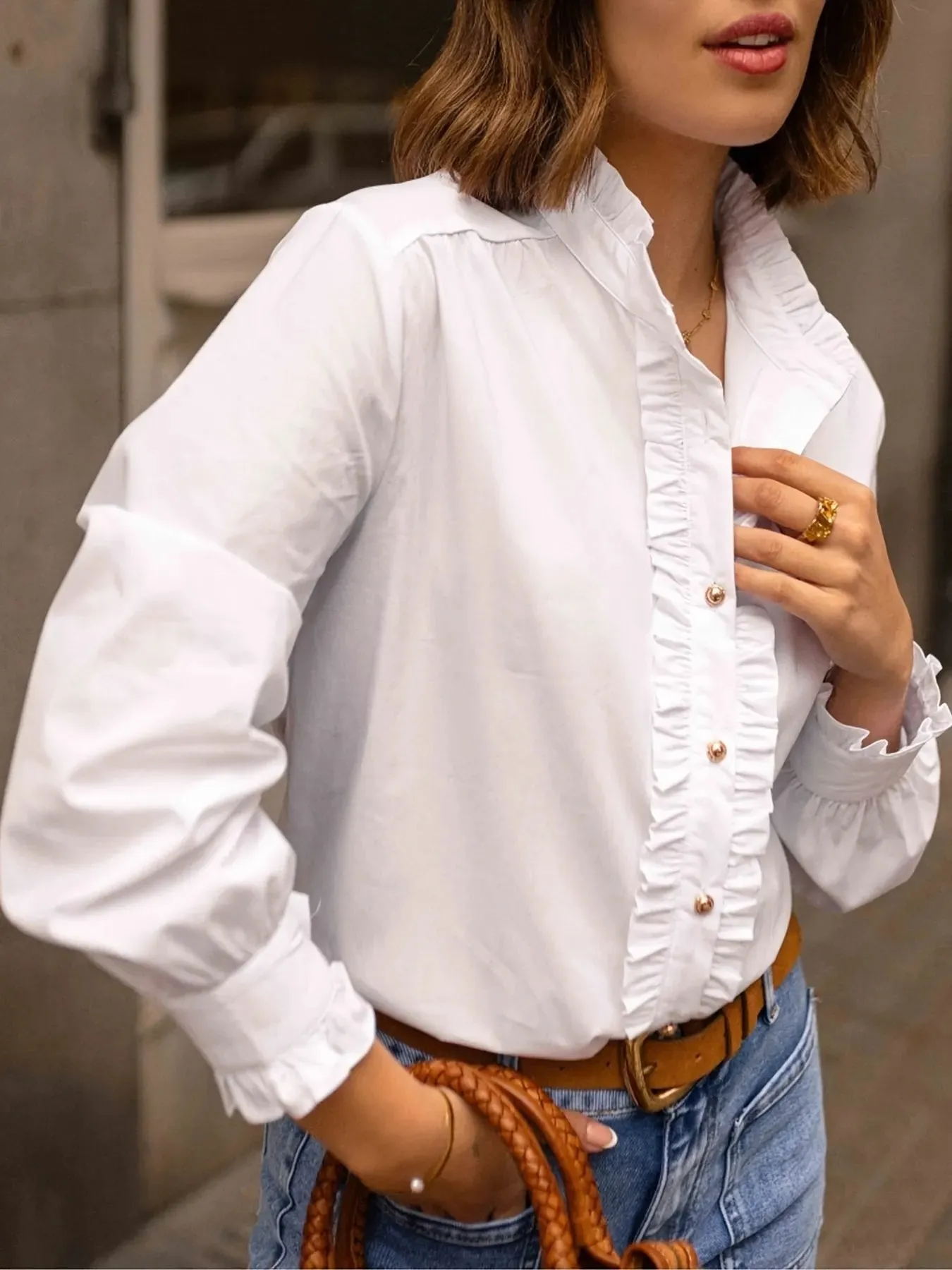 Frill Button Down Long Sleeve Shirt sold by Charming Charlie product image thumbnail 3