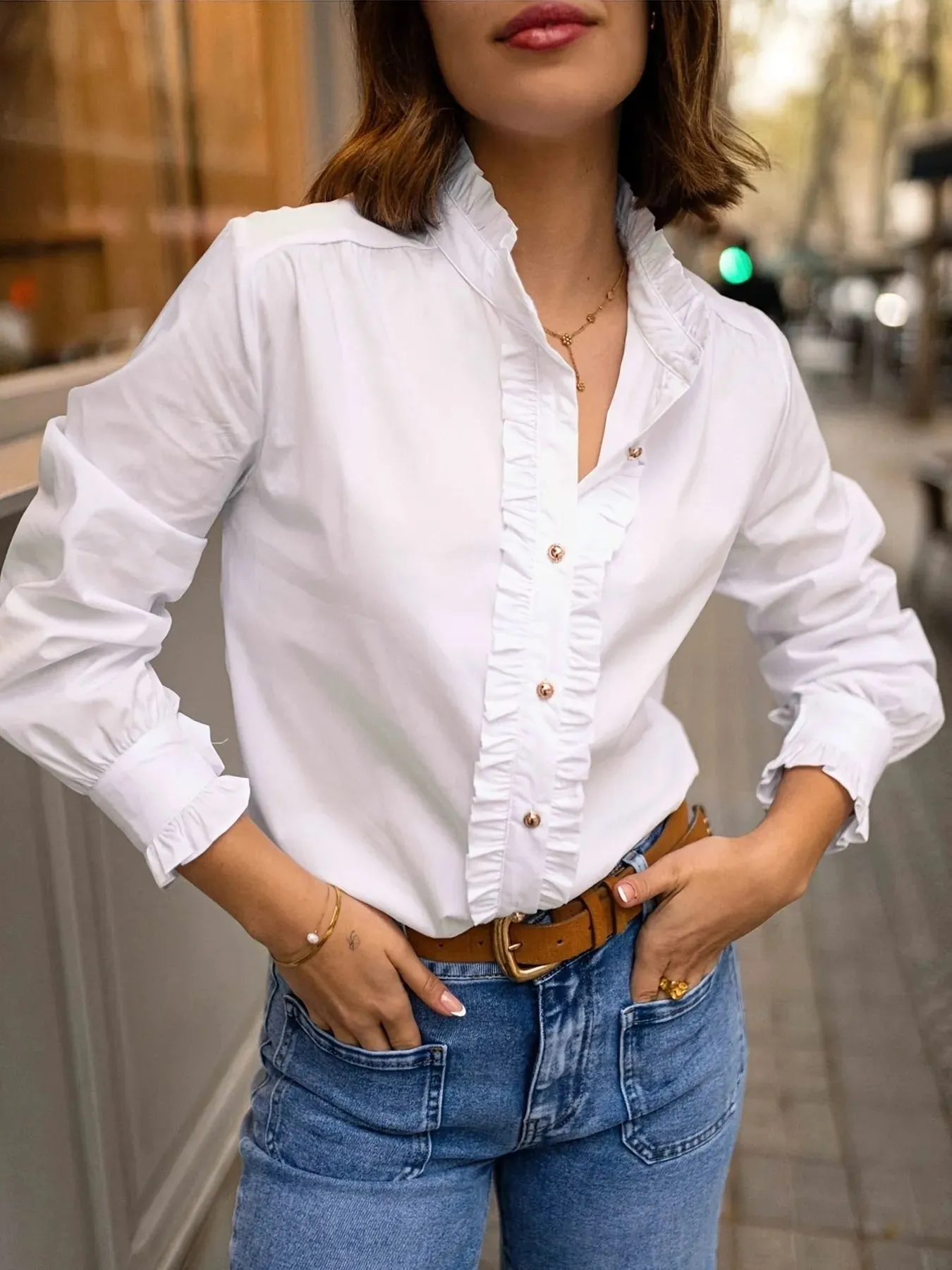 Frill Button Down Long Sleeve Shirt sold by Charming Charlie
