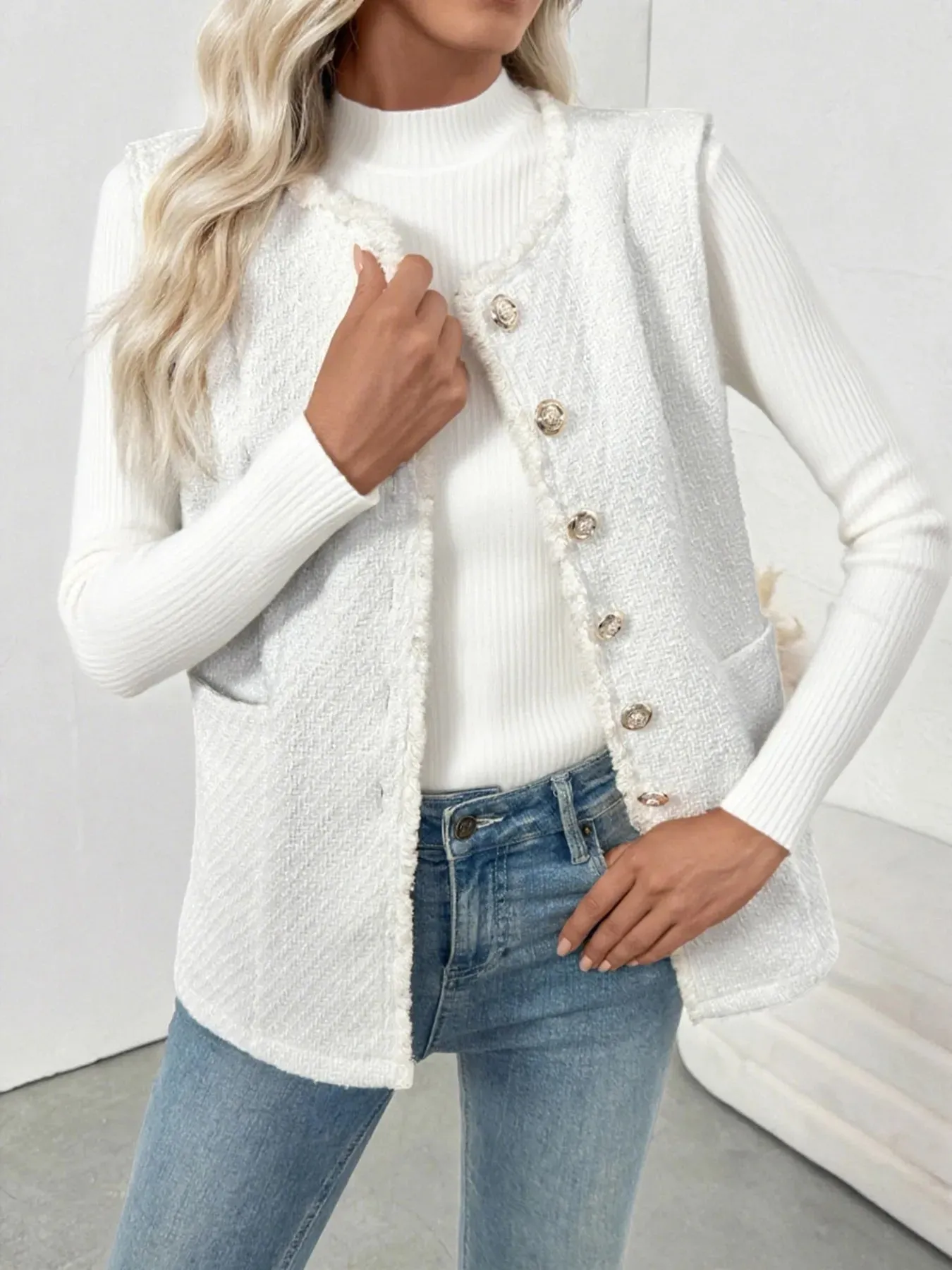 Textured Button-Front Vest with Raw Edge sold by Charming Charlie product image thumbnail 4