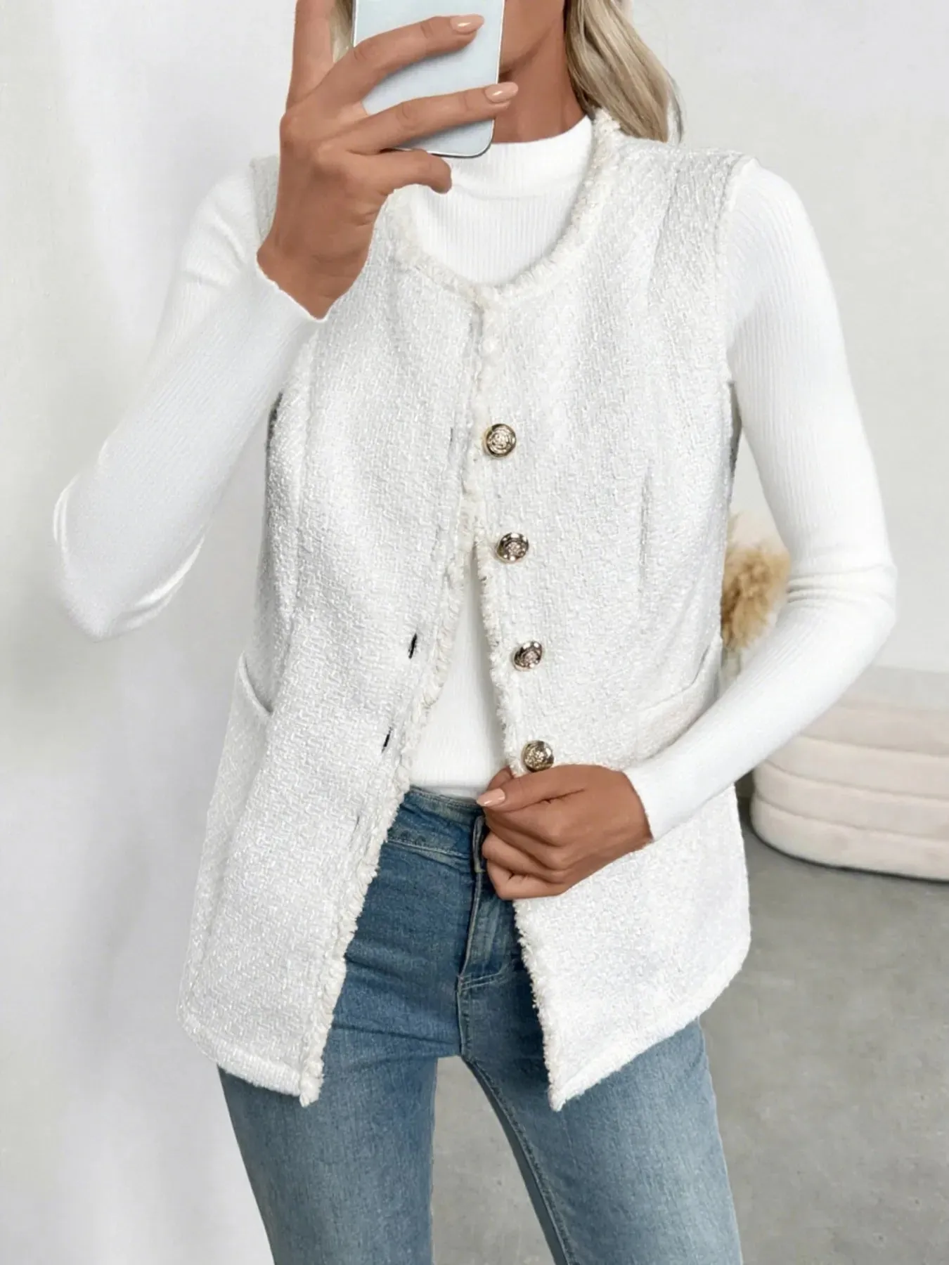 Textured Button-Front Vest with Raw Edge sold by Charming Charlie