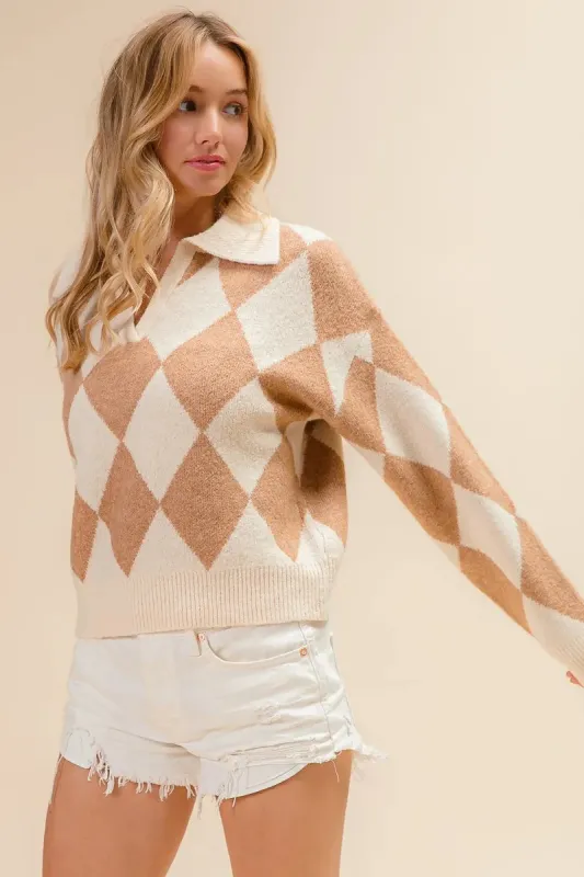 BiBi Diamond Pattern Collared Notch Neck Sweater sold by Charming Charlie