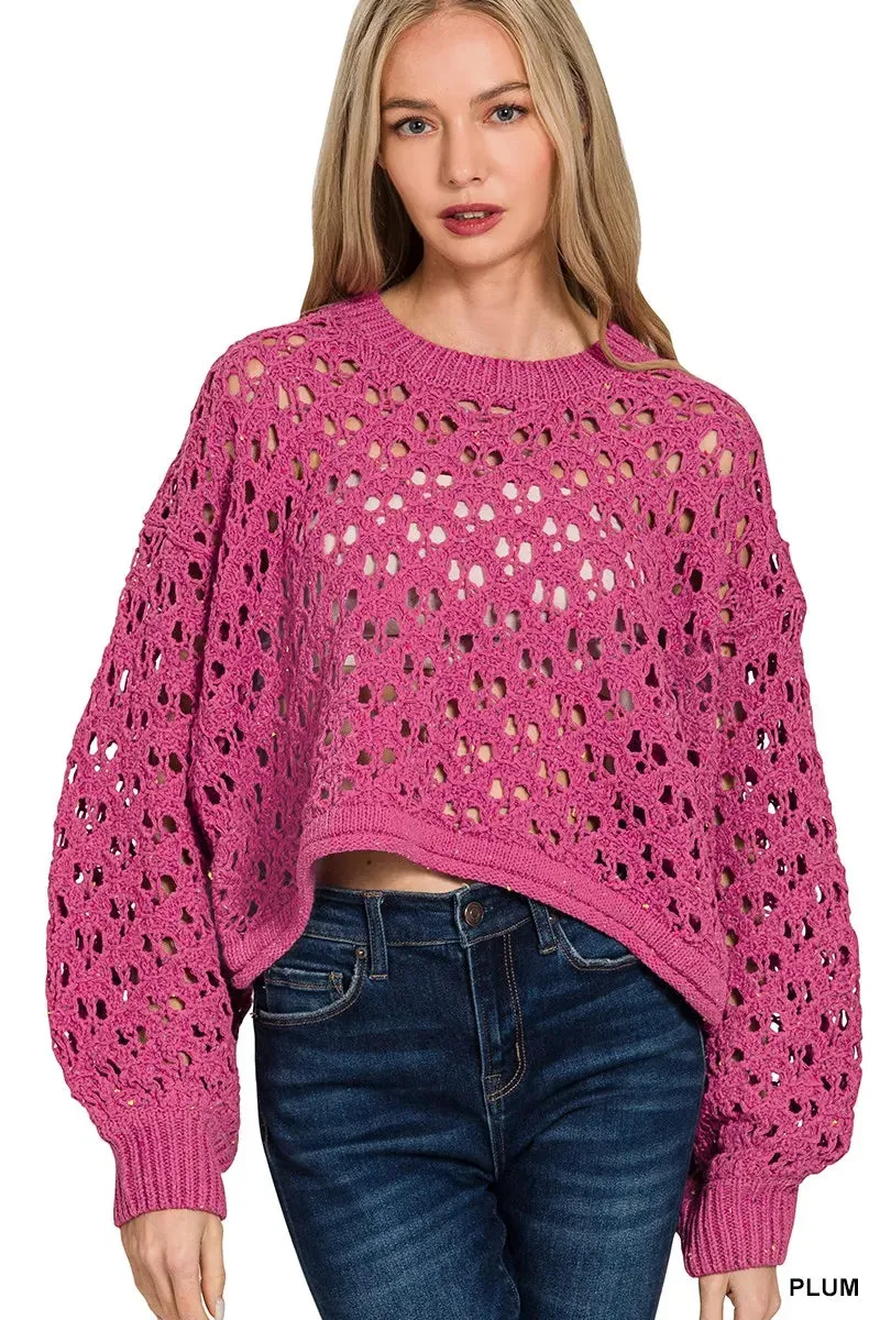 Zenana Oversized Cropped Crochet Knit Sweater sold by Charming Charlie