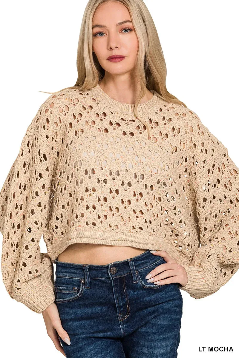 Zenana Oversized Cropped Crochet Knit Sweater sold by Charming Charlie