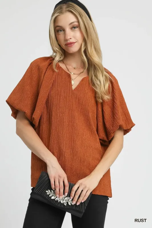 Umgee Textured Flutter Sleeve Notch Neck Top sold by Charming Charlie