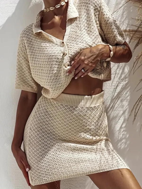 Openwork Button Up Top and Skirt Sweater Set sold by Charming Charlie