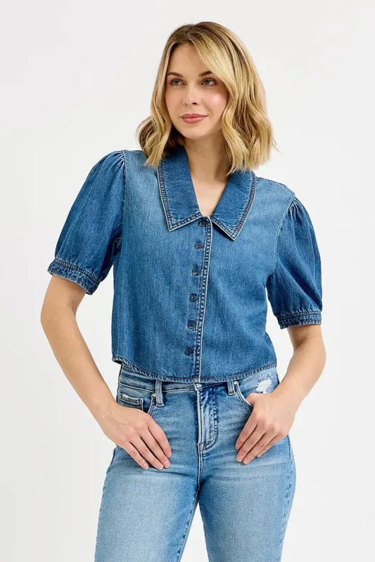 RISEN Button Down Puff Sleeve Crop Denim Shirt sold by Charming Charlie