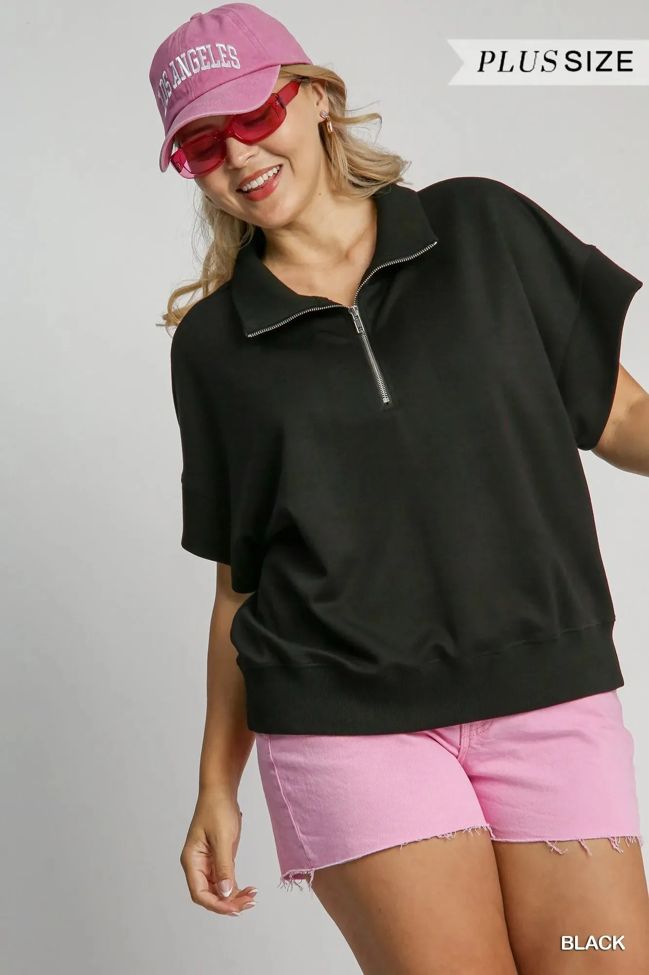 Umgee Full Size Half-Zip Short Sleeve Top Plus Size sold by Charming Charlie product image thumbnail 3