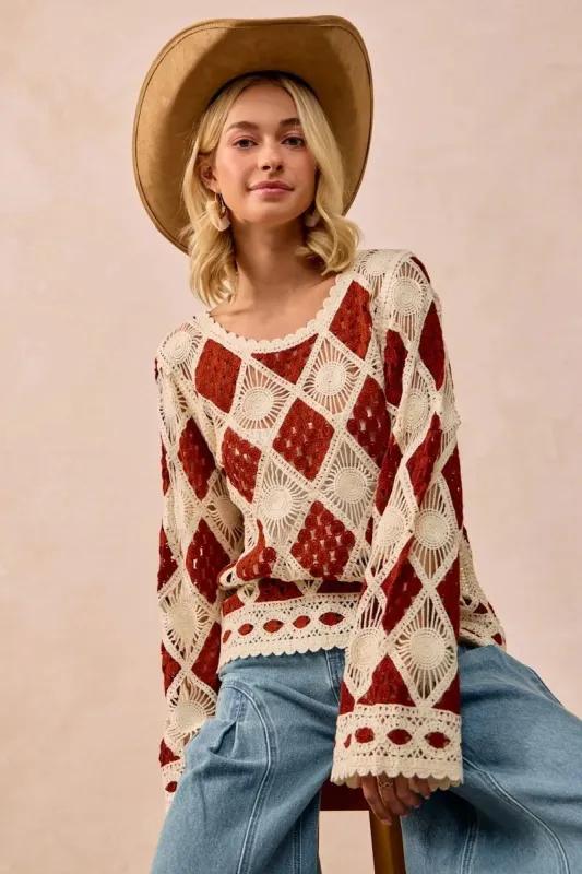 BiBi Diamond Crochet Knit Top sold by Charming Charlie