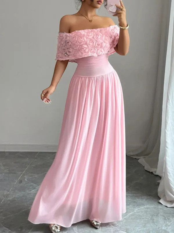 Off-Shoulder Rose Embellished Maxi Dress sold by Charming Charlie