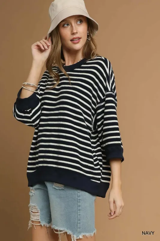 Umgee Ribbed Hem Striped Oversized Knit Top sold by Charming Charlie