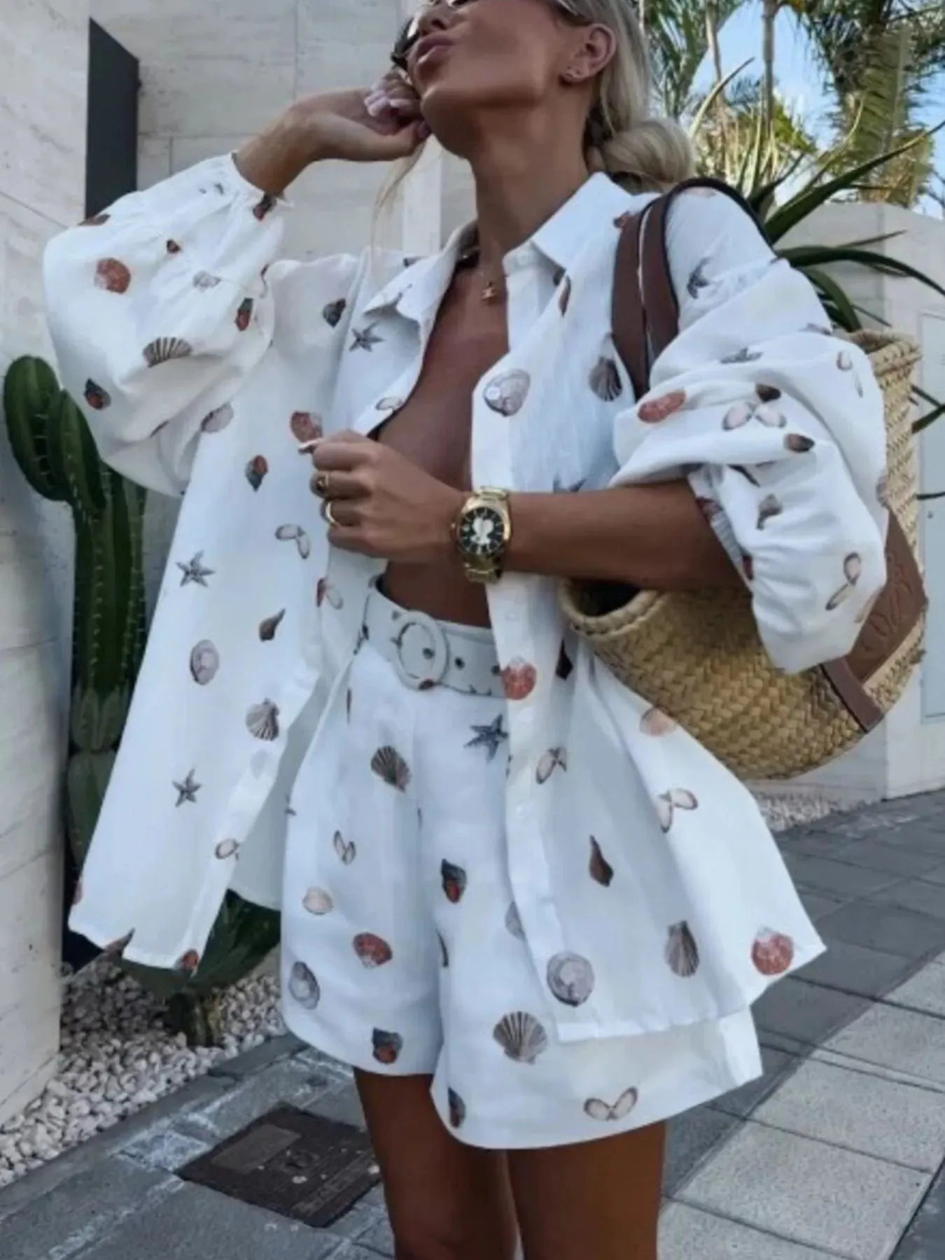 Shell Print Long Sleeve Shirt and Belt Shorts Set sold by Charming Charlie product image thumbnail 5