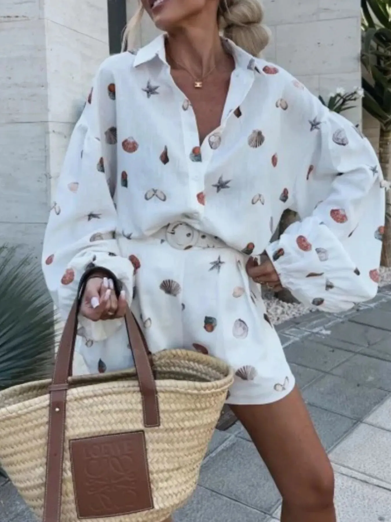 Shell Print Long Sleeve Shirt and Belt Shorts Set sold by Charming Charlie product image thumbnail 2