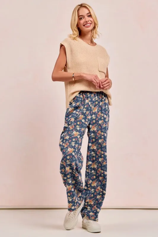 BiBi Washed Floral Print Wide Leg Jeans sold by Charming Charlie