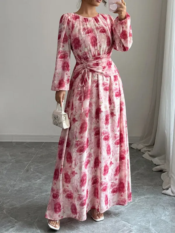 Floral Long Sleeve Maxi Dress with Drawstring Detail sold by Charming Charlie