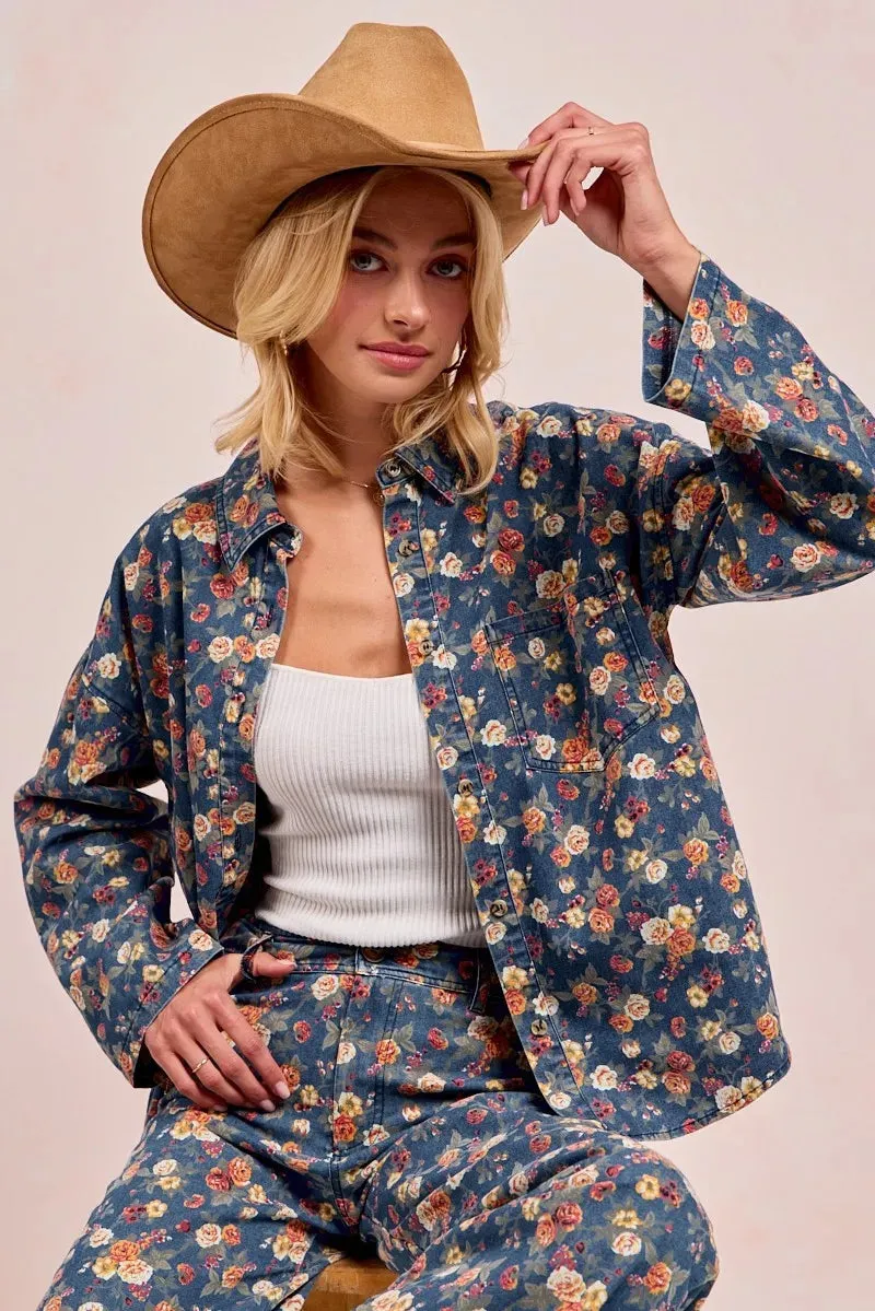 BiBi Washed Floral Print Denim Jacket sold by Charming Charlie product image thumbnail 2
