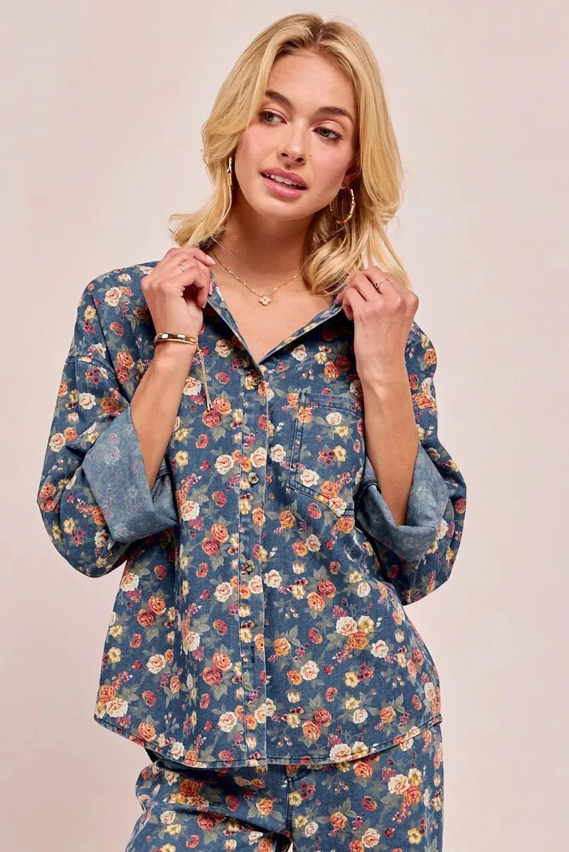 BiBi Washed Floral Print Denim Jacket sold by Charming Charlie product image thumbnail 5