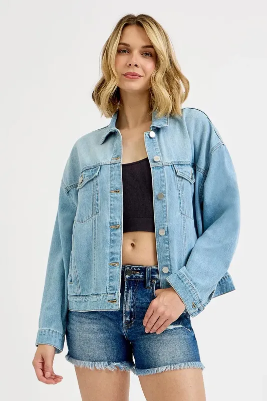 RISEN Washed Dropped Shoulder Denim Jacket sold by Charming Charlie