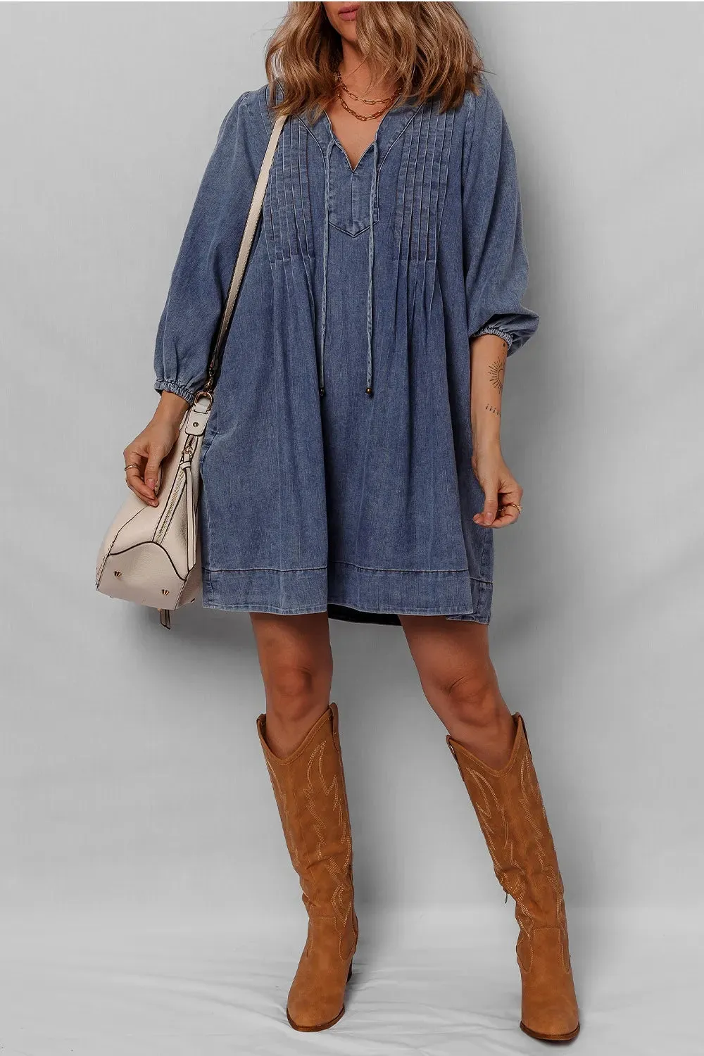 Tie Neck Long Sleeve Mini Denim Dress sold by Charming Charlie product image thumbnail 3
