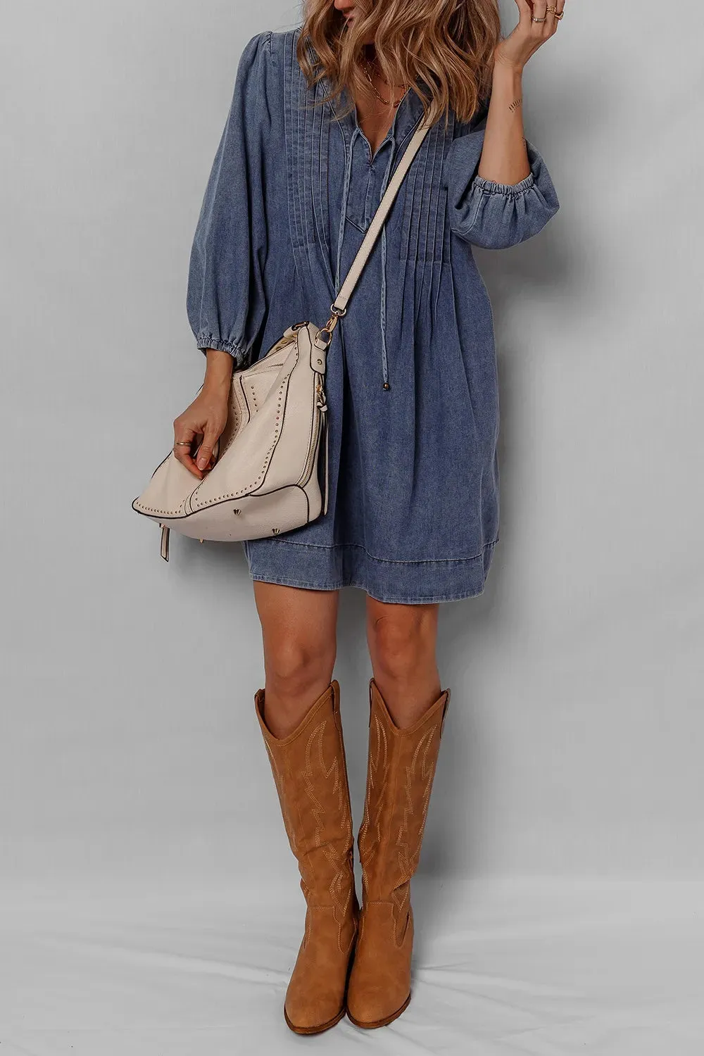 Tie Neck Long Sleeve Mini Denim Dress sold by Charming Charlie product image thumbnail 5