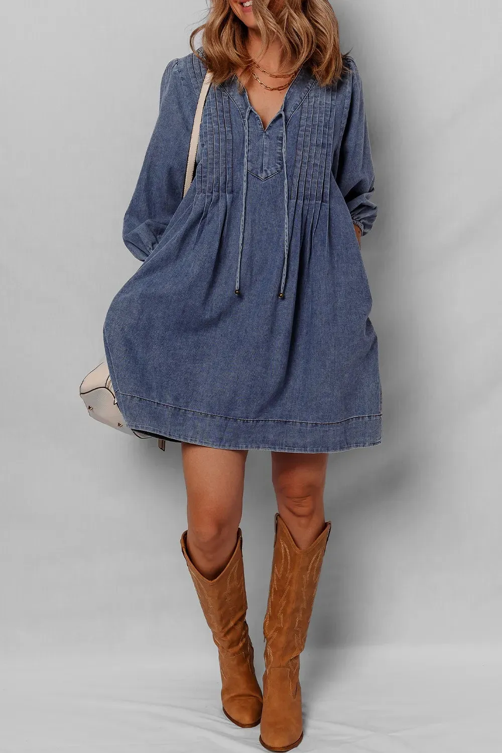 Tie Neck Long Sleeve Mini Denim Dress sold by Charming Charlie product image thumbnail 2