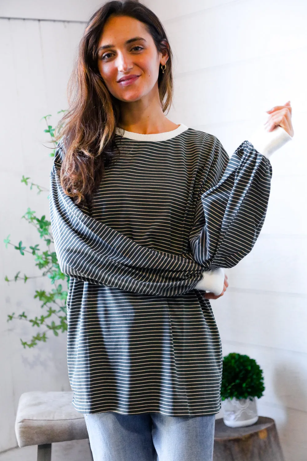 Greener Days Stripe Pullover with Ivory Cuffs sold by Charming Charlie