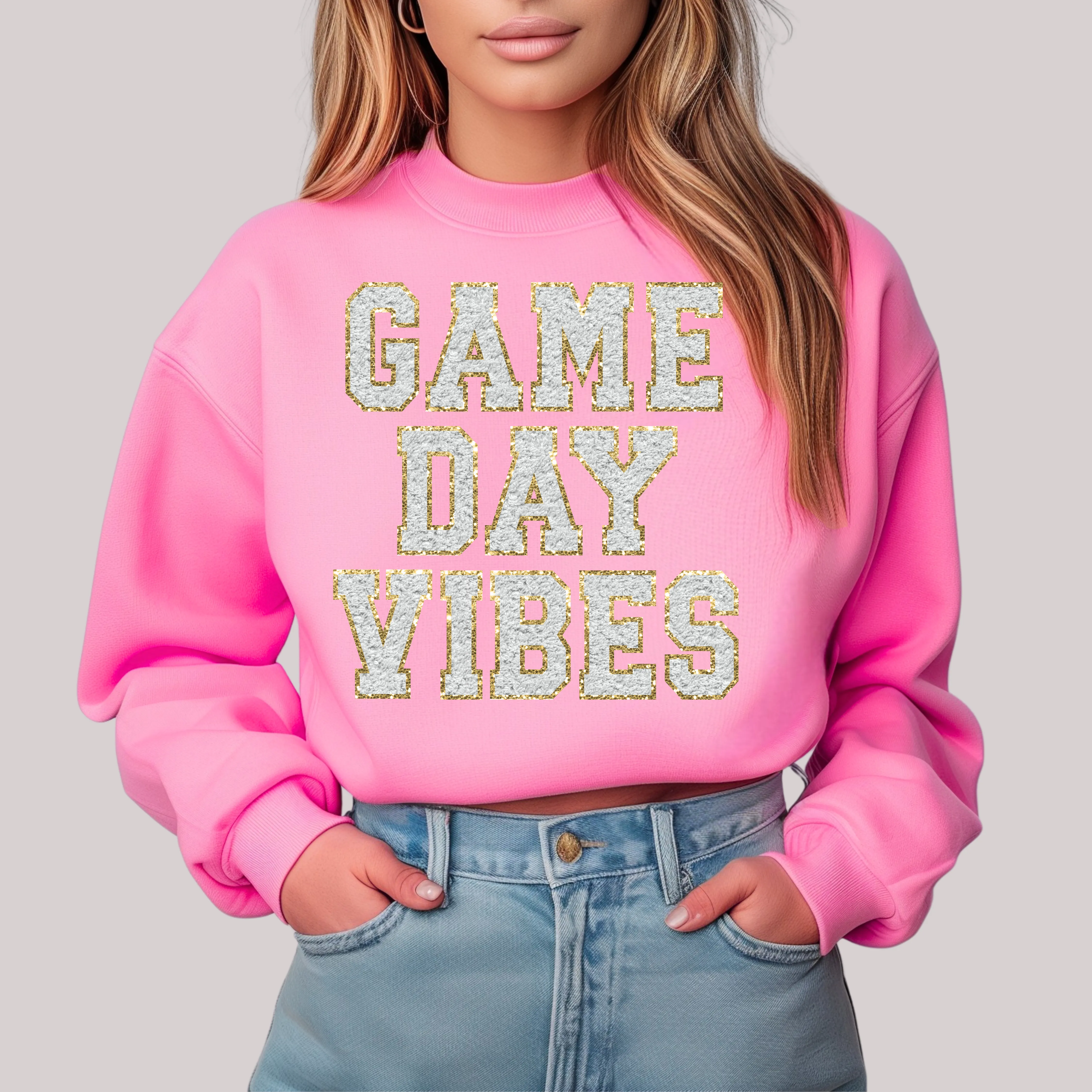 Gameday Chenille Vibes in Pink Sweatshirt sold by Charming Charlie