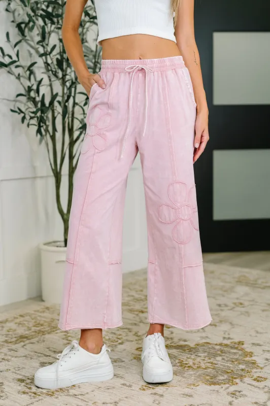 PREORDER: Flower Applique Cropped Flare Bottoms in Light Pink sold by Charming Charlie