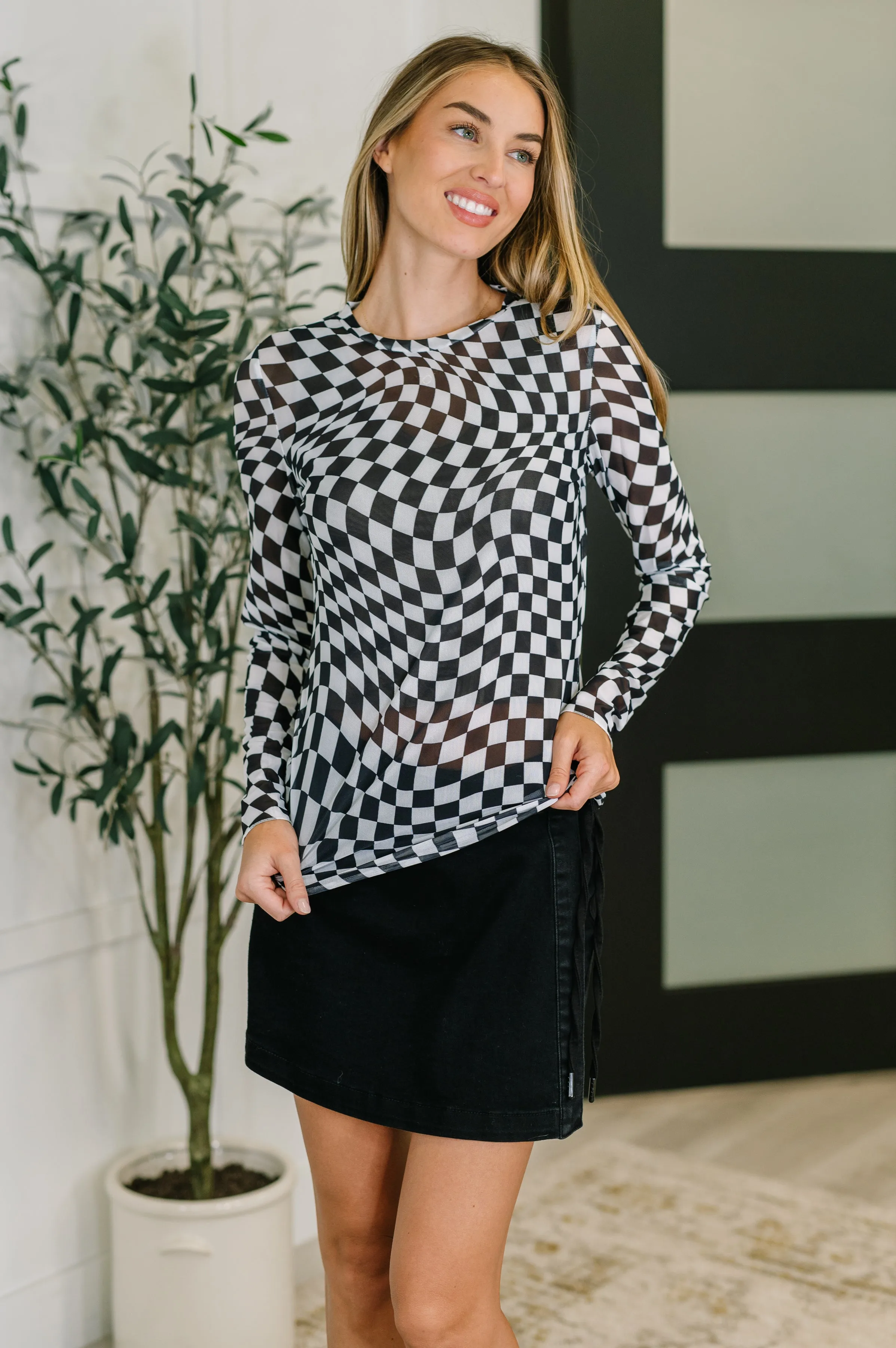 PREORDER: Sheer Long Sleeve Checkered Layering Top in Three Colors sold by Charming Charlie product image thumbnail 2
