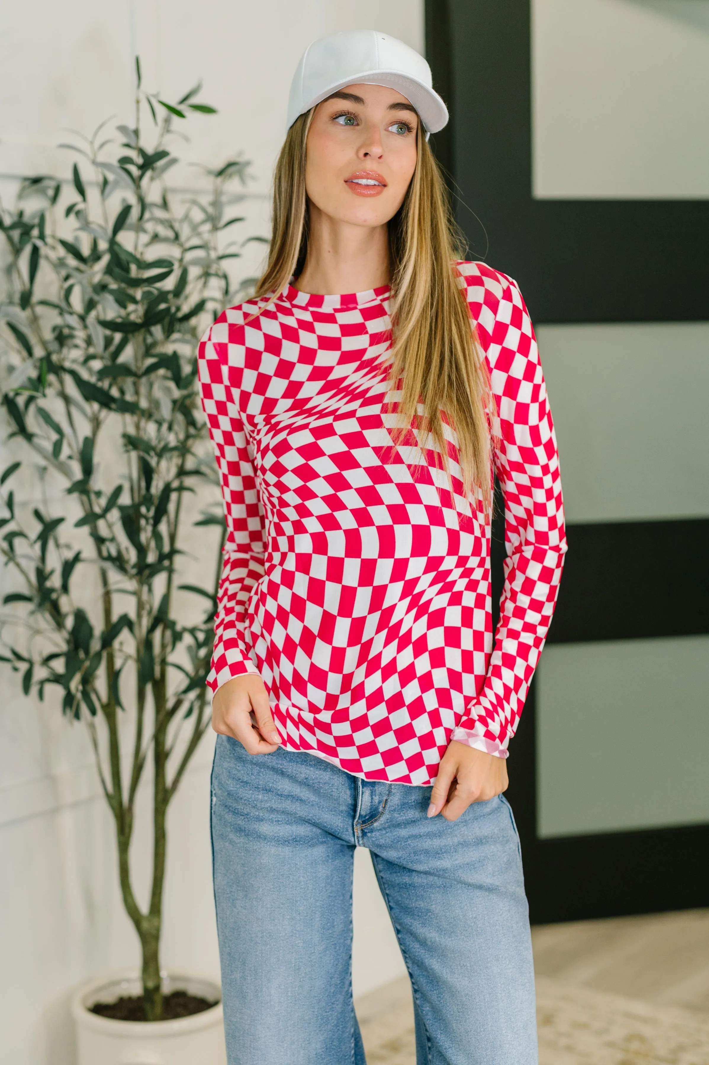PREORDER: Sheer Long Sleeve Checkered Layering Top in Three Colors sold by Charming Charlie