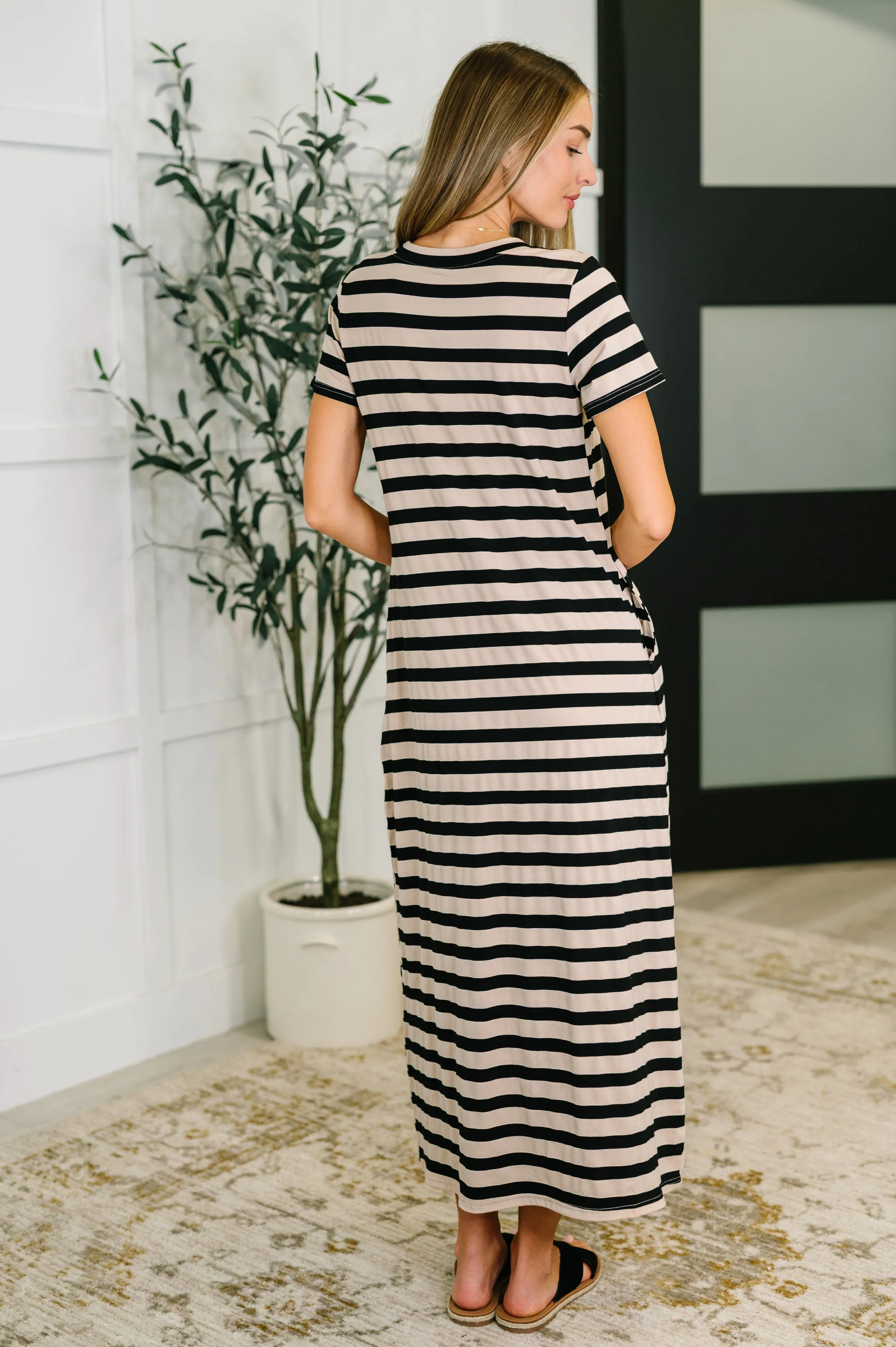PREORDER: Cap Sleeve Maxi Dress in Black and Tan Stripe sold by Charming Charlie product image thumbnail 4