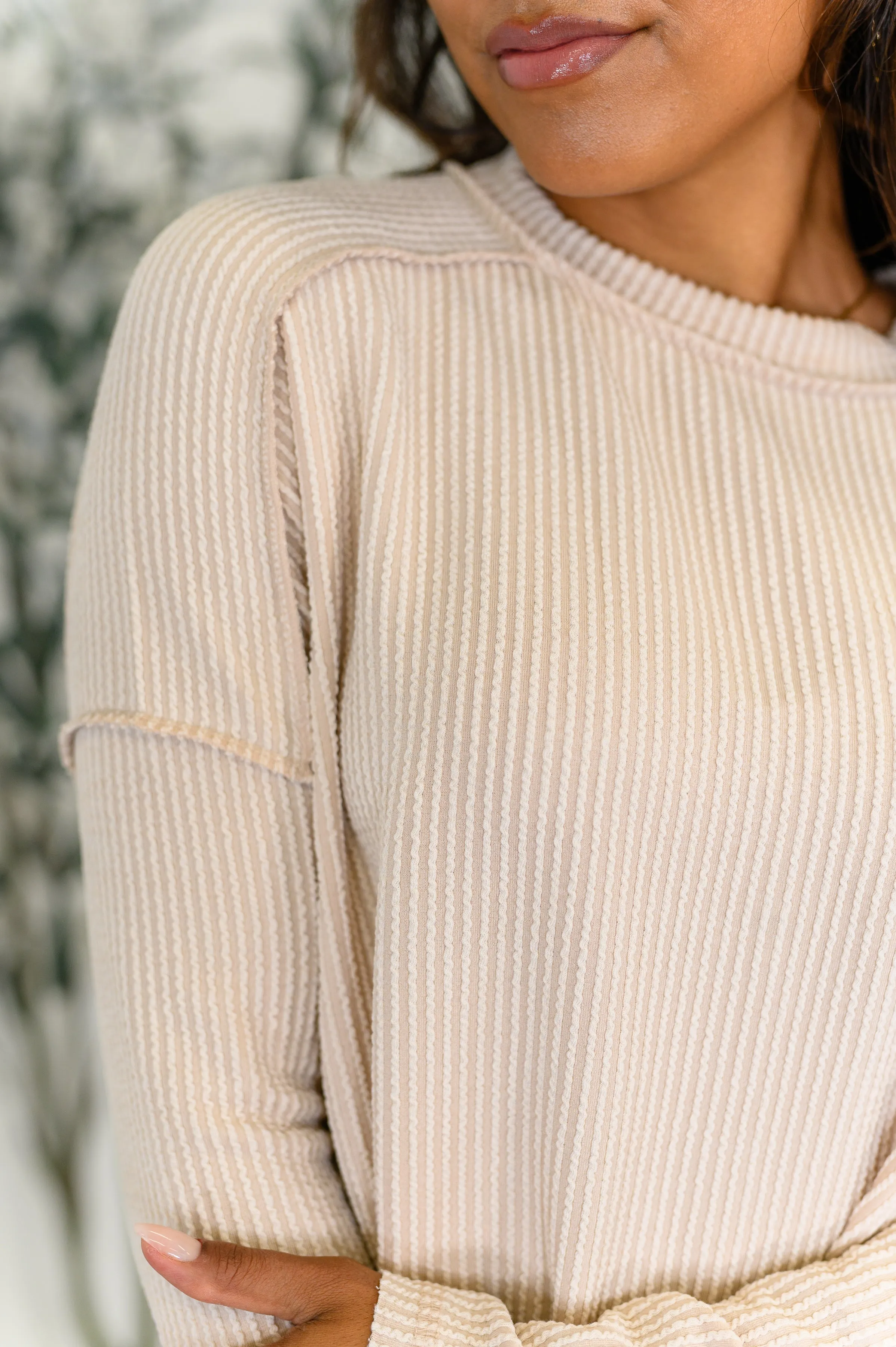 Wander & Rest Cable Ribbed Knit Drop Shoulder Top in Sand Beige sold by Charming Charlie product image thumbnail 2
