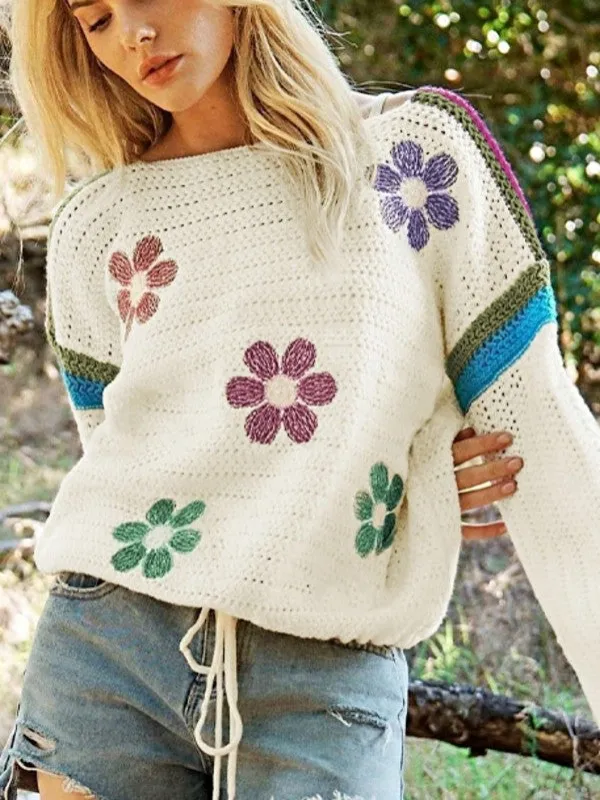 Cotton Eyelet Boho Floral Knit Sweater sold by Charming Charlie
