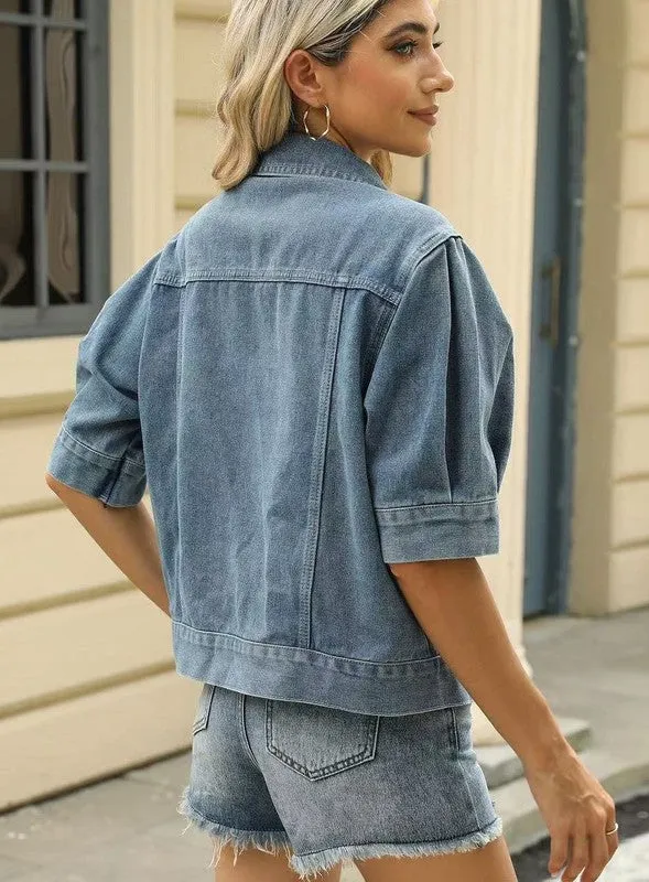 Short sleeve denim button front jacket sold by Charming Charlie product image thumbnail 2