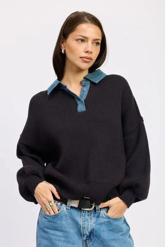 CONTRASTED OVERSIZE SWEATER WITH COLLAR sold by Charming Charlie