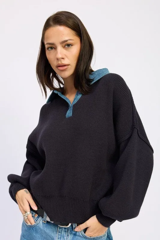 CONTRASTED OVERSIZE SWEATER WITH COLLAR sold by Charming Charlie product image thumbnail 4
