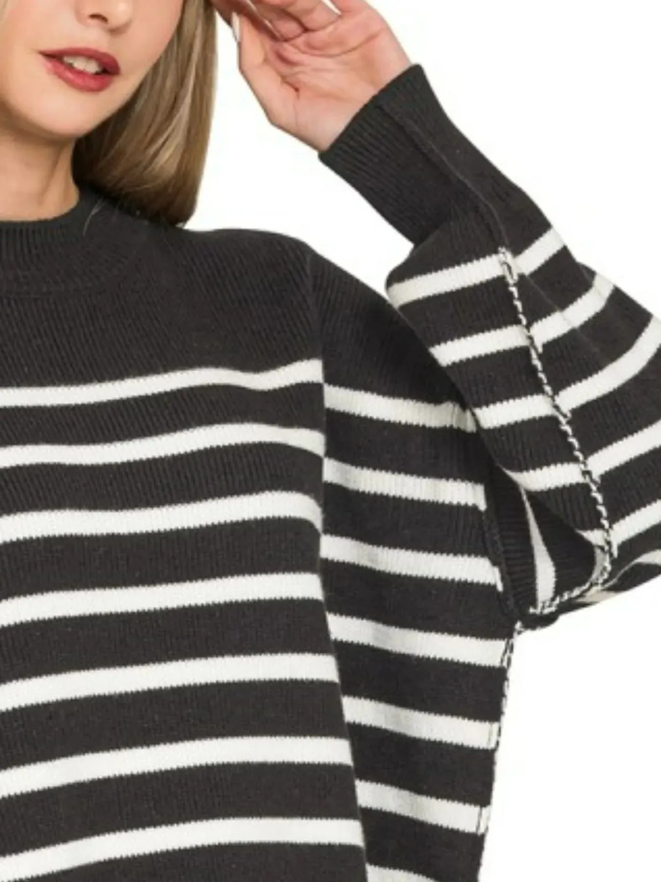 Zenana Exposed Seam Striped Oversized Sweater sold by Charming Charlie product image thumbnail 3