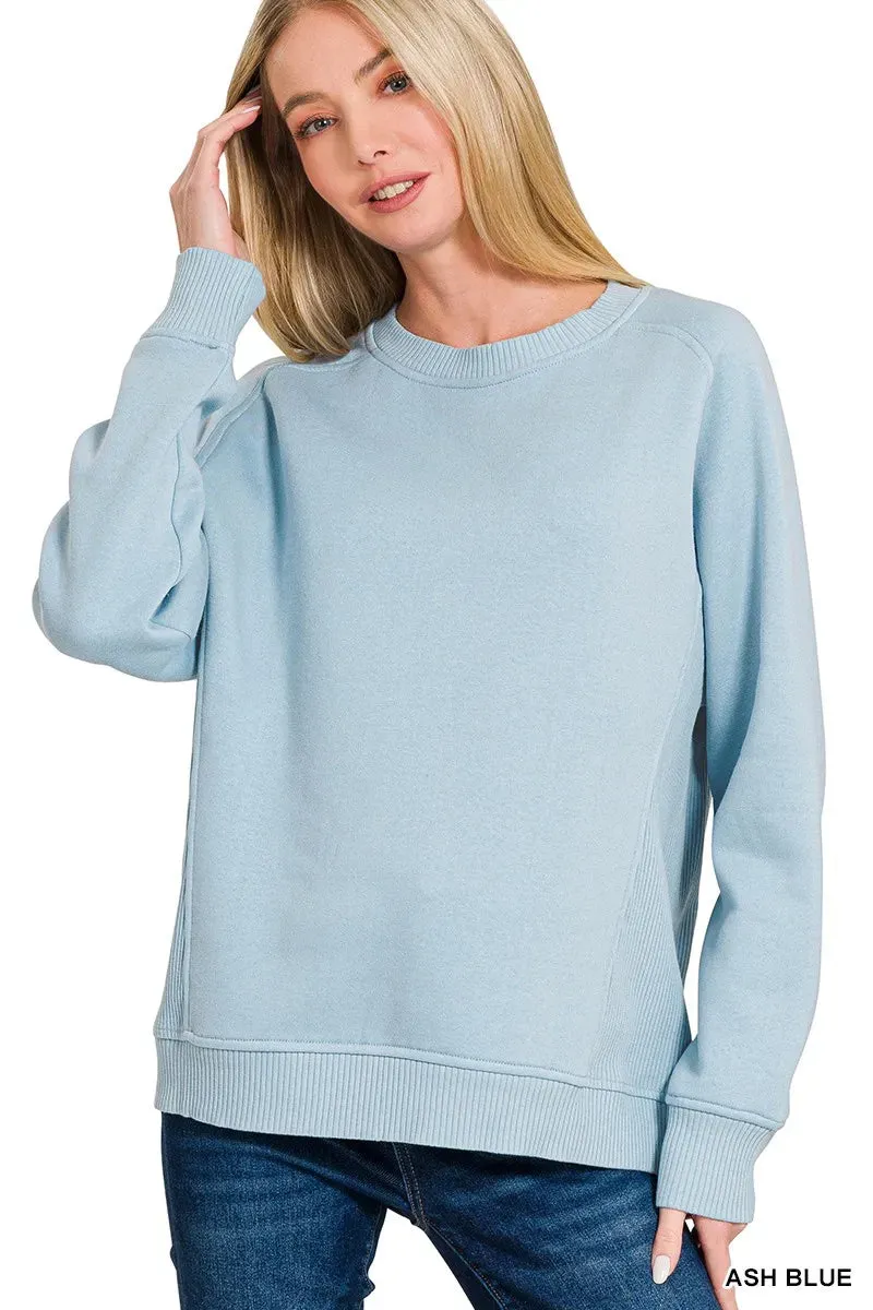 Zenana Fleece Round Neck Ribbed Side Raglan Sweatshirt sold by Charming Charlie