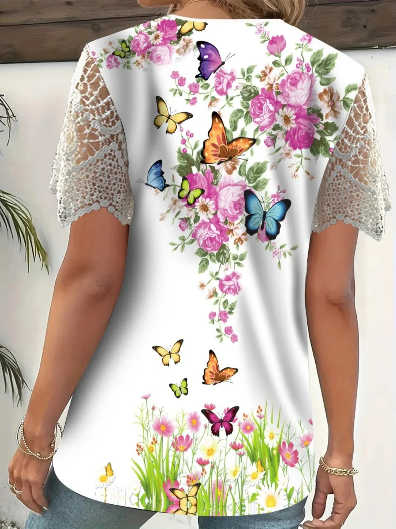 Full Size Printed Lace Sleeve V-Neck T-Shirt Plus Size sold by Charming Charlie product image thumbnail 5