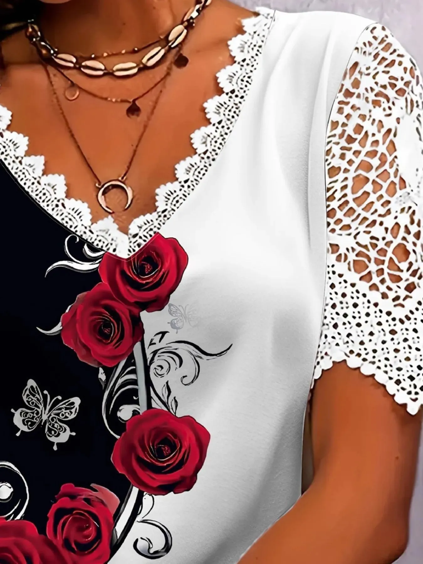 Full Size Printed Lace Sleeve V-Neck T-Shirt Plus Size sold by Charming Charlie product image thumbnail 3