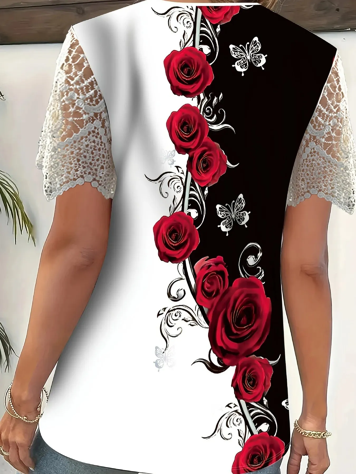 Full Size Printed Lace Sleeve V-Neck T-Shirt Plus Size sold by Charming Charlie product image thumbnail 2