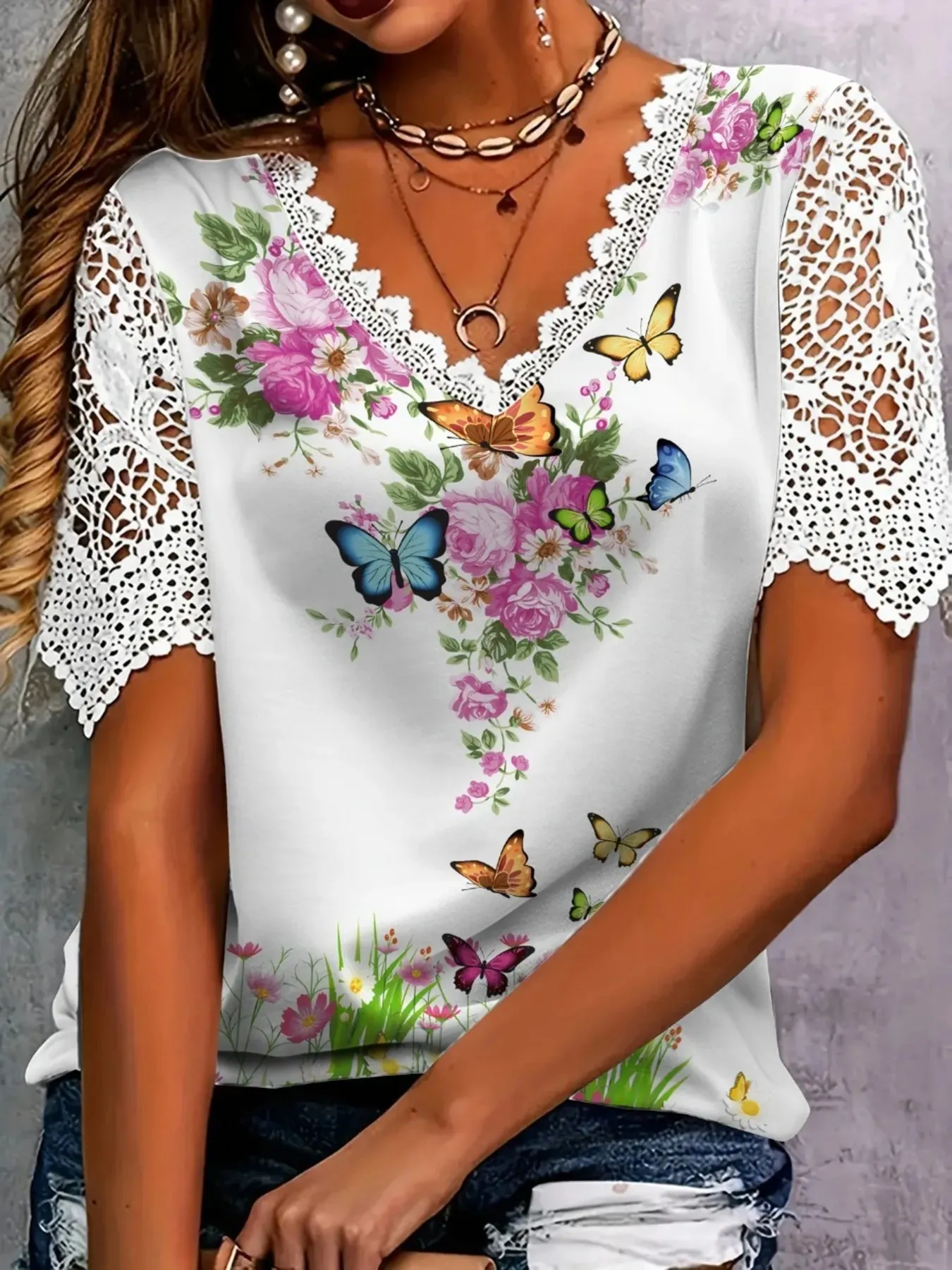 Full Size Printed Lace Sleeve V-Neck T-Shirt Plus Size sold by Charming Charlie product image thumbnail 4