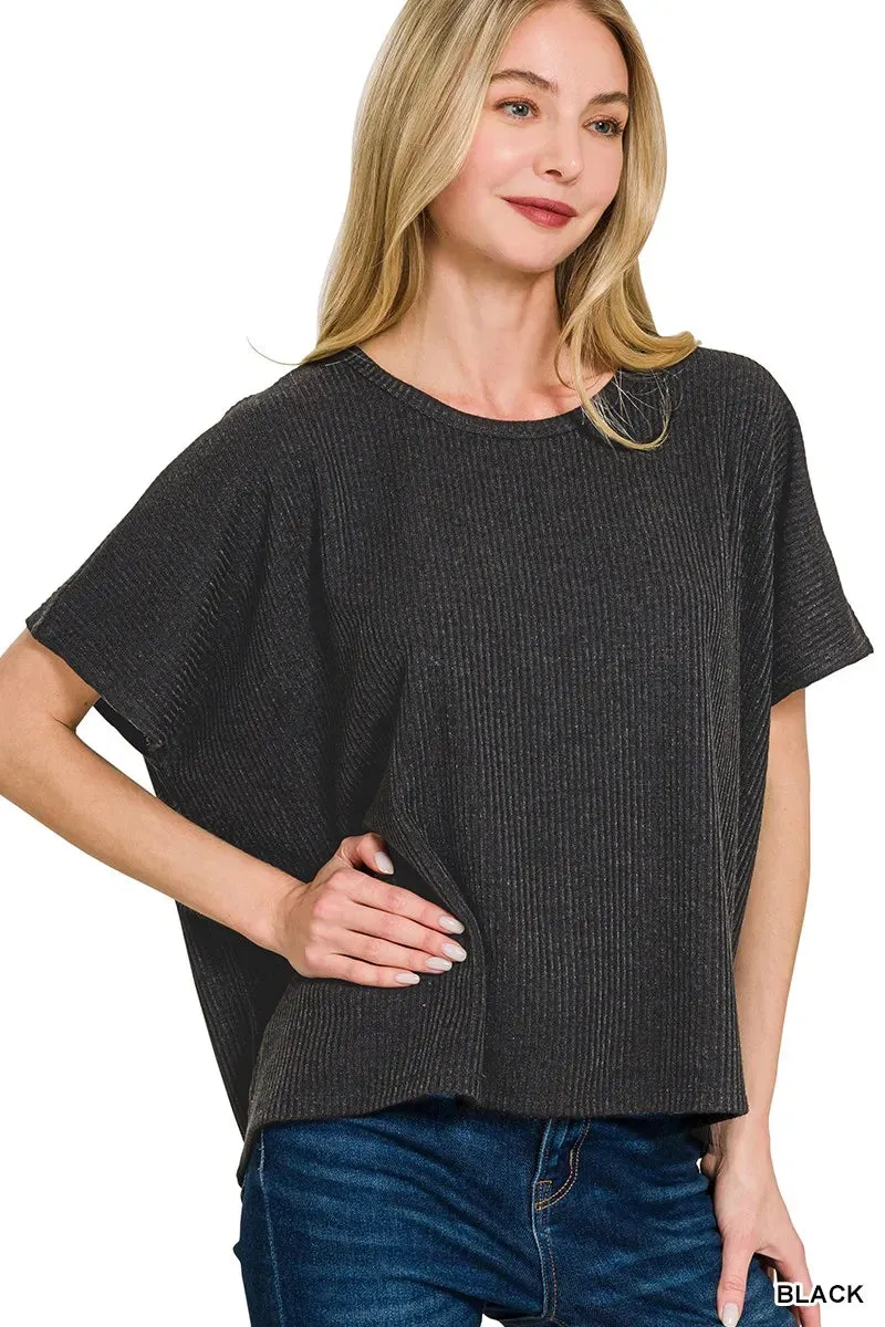 Zenana Ribbed Round-Neck Short-Sleeve Knit Top sold by Charming Charlie