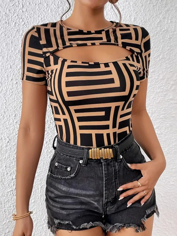 Geometric Print Cutout Short Sleeve T-Shirt sold by Charming Charlie