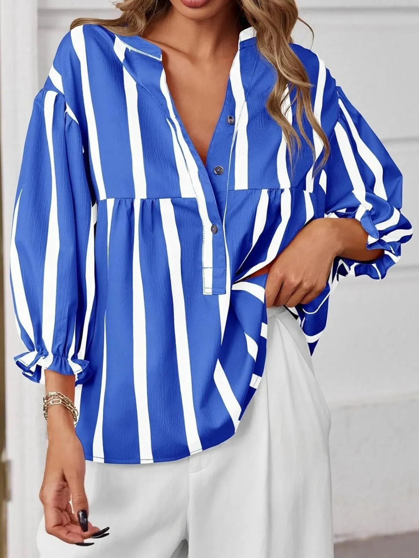 Striped Button Front Notched Blouse sold by Charming Charlie product image thumbnail 5