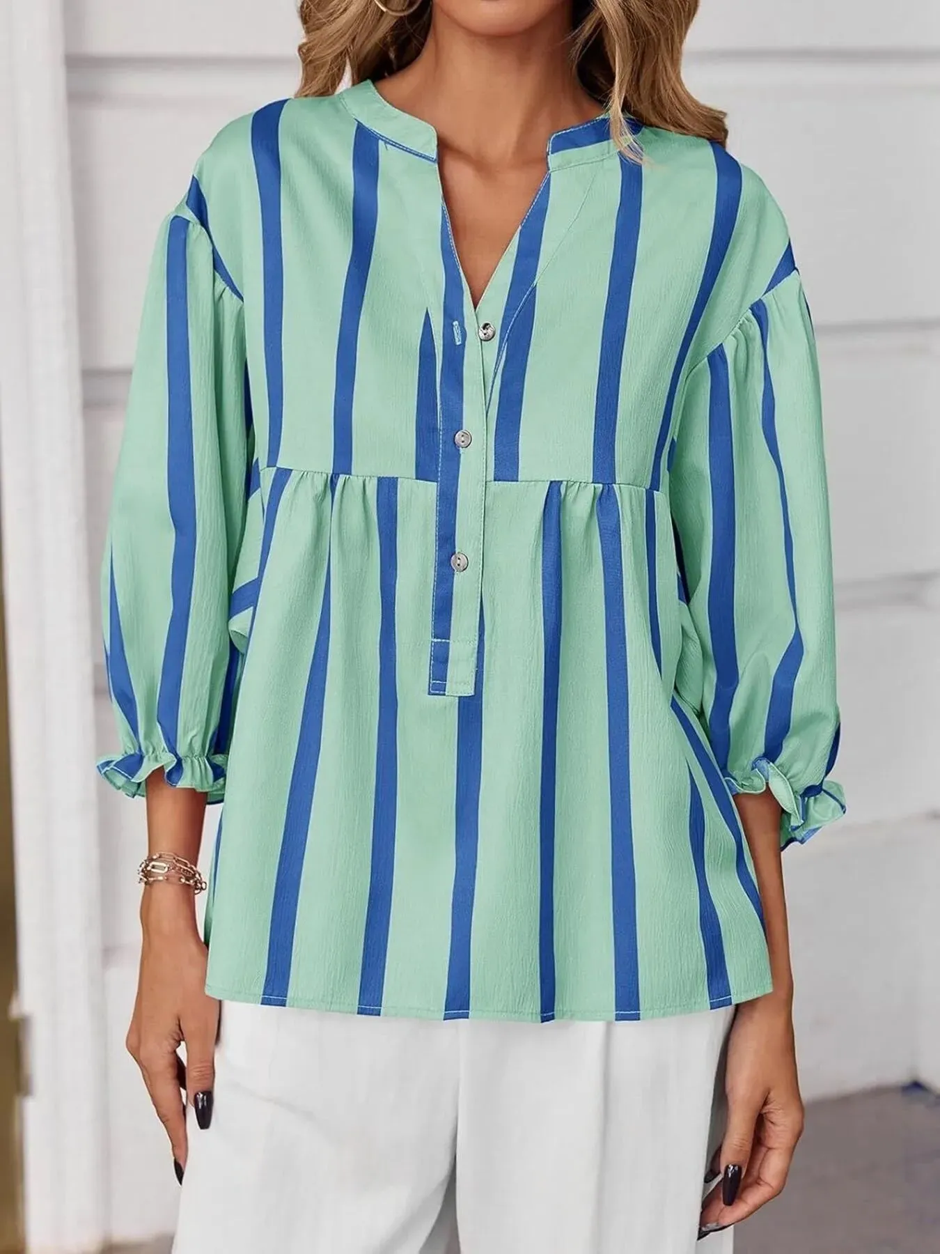 Striped Button Front Notched Blouse sold by Charming Charlie product image thumbnail 3